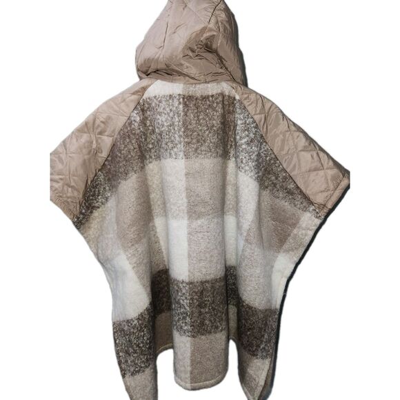 Unbranded Womens Ponco S/M Hooded Brown&Cream Plaid Quilted Accents Zip-up - Picture 2 of 10
